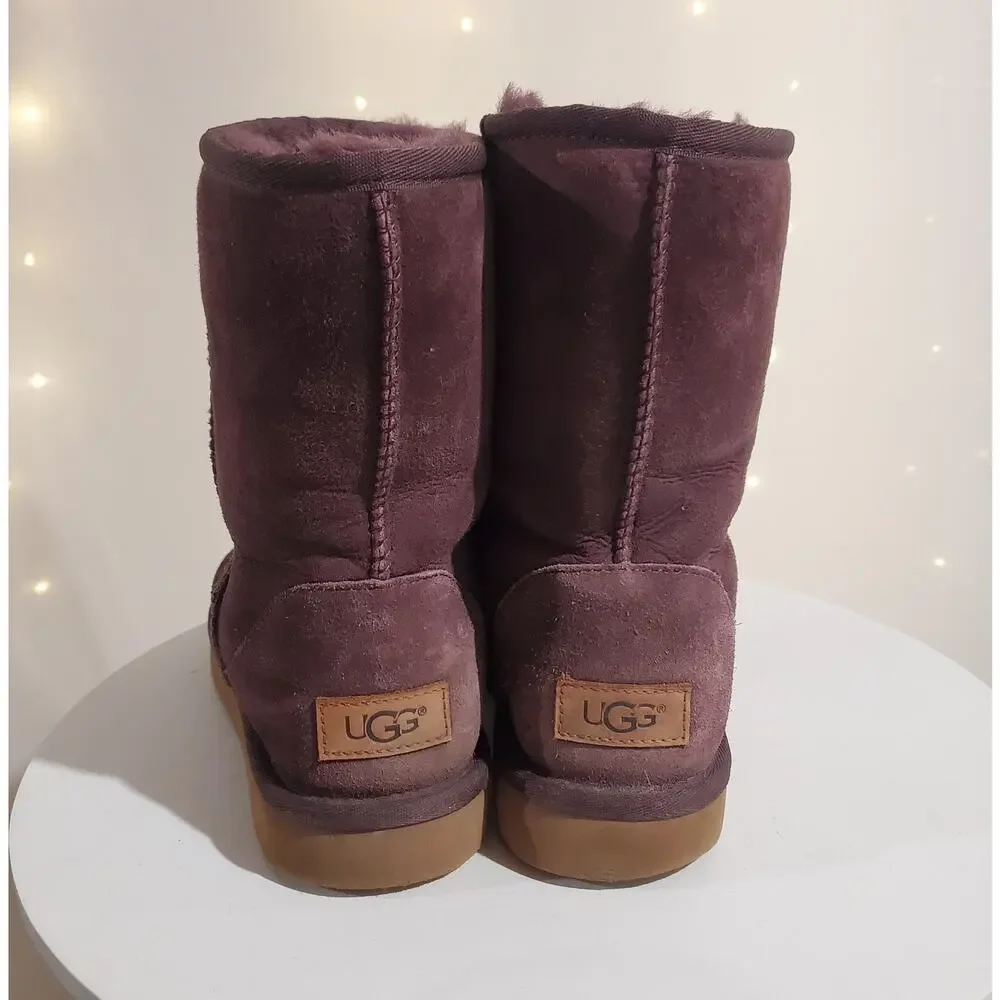 UGG Womens Classic Short II Boots Size 7 Sheepskin Leather Fur Lined Plum Purple - Picture 4 of 10